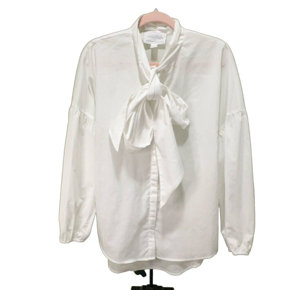 Mare Mare x Anthropologie Blouse Womens M White Tie Neck Long Sleeve Tunic Bow